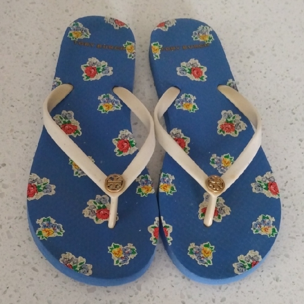 Tory Burch Kids Blue Floral Flip Flops